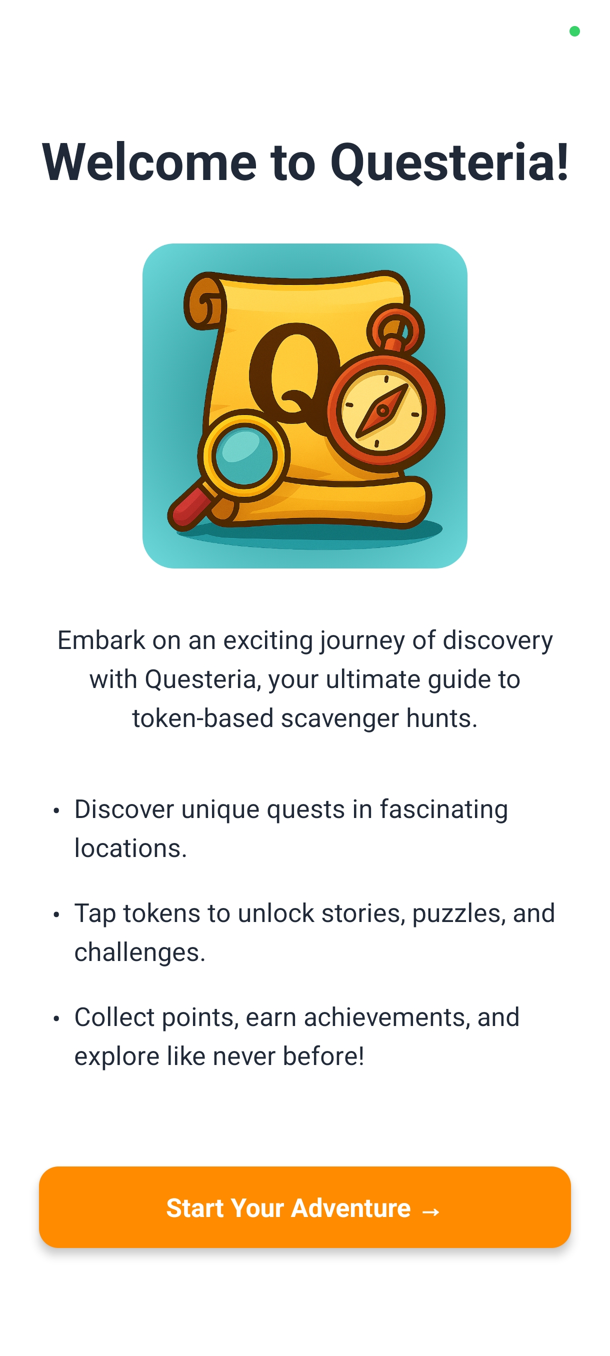 Questeria welcome screen